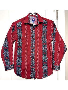 Vtg Panhandle Slim Southwestern Western Button Up Shirt Burgundy Size L 14 Youth